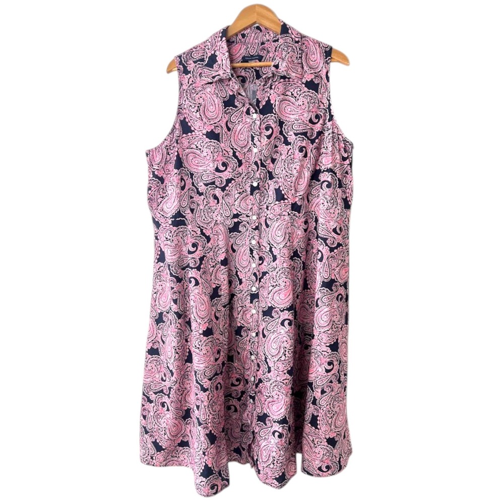 Tommy Hilfiger Womens 18W Pink‎ Navy Paisley Cotton Sleeveless Shirt Dress Midi
